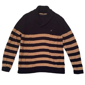 Nautica Blue/Tan V-Neck Striped Knit Sweater Size Large Nancy Meyer Asthetic